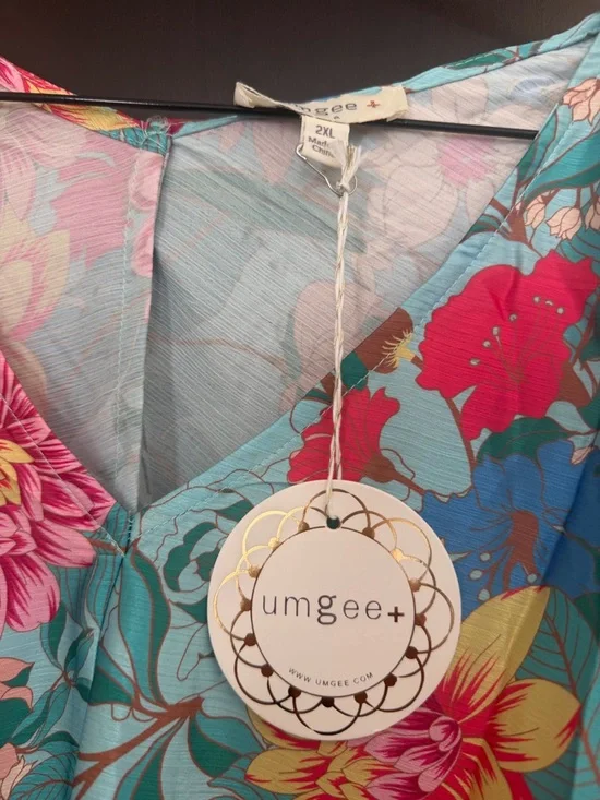 Umgee Aqua Floral V-Neck Puff Sleeve Blouse - Picture 9 of 9